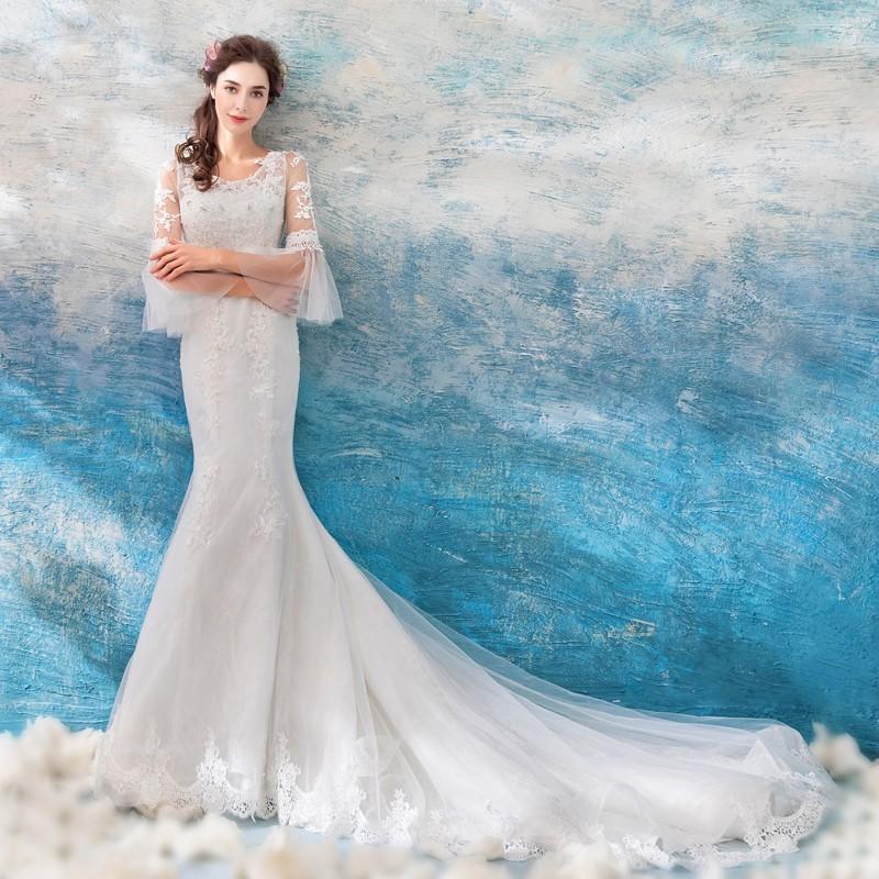 ウェディングドレス マーメイドドレス 長袖 ロングドレス 結婚式 ウエディングドレス 二次会 花嫁 ブライダル バックレス 安い 披露宴 ロングトレーン_1