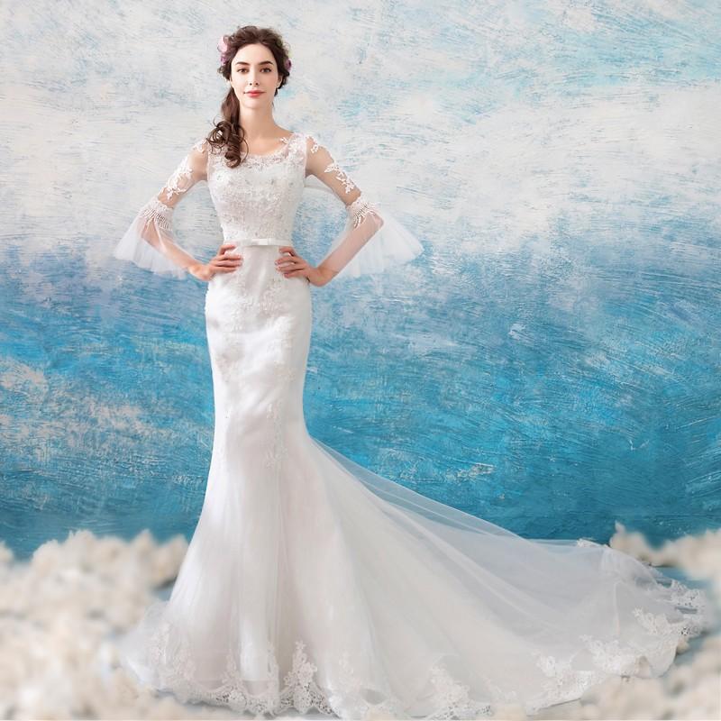 ウェディングドレス マーメイドドレス 長袖 ロングドレス 結婚式 ウエディングドレス 二次会 花嫁 ブライダル バックレス 安い 披露宴 ロングトレーン_2