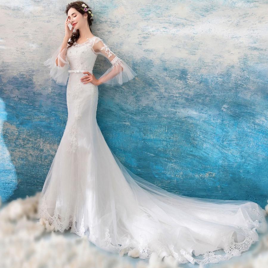ウェディングドレス マーメイドドレス 長袖 ロングドレス 結婚式 ウエディングドレス 二次会 花嫁 ブライダル バックレス 安い 披露宴 ロングトレーン_3