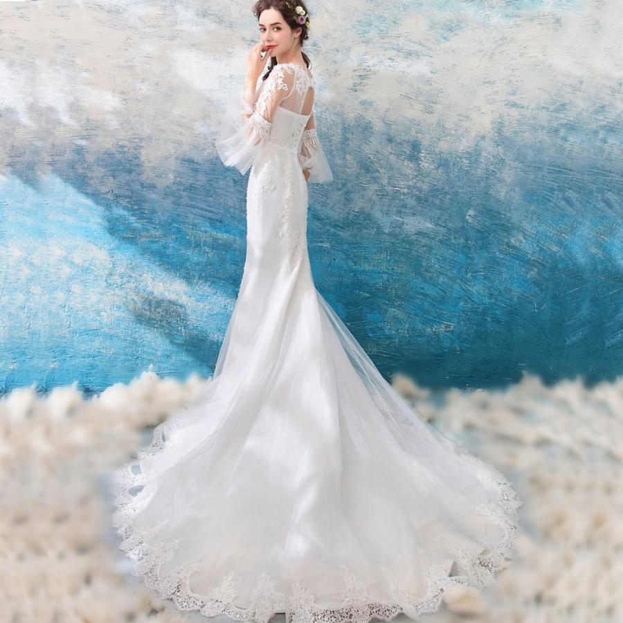 ウェディングドレス マーメイドドレス 長袖 ロングドレス 結婚式 ウエディングドレス 二次会 花嫁 ブライダル バックレス 安い 披露宴 ロングトレーン_4