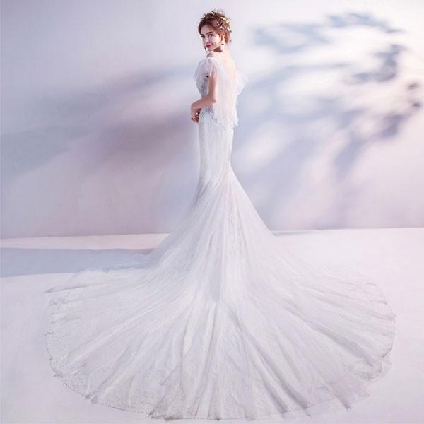 ウェディングドレス 結婚式 マーメイドライン 花嫁 ウエディングドレス 安い 半袖 ロングドレス マーメイドドレス 二次会 ブライダル 披露宴 白 大きいサイズ_2