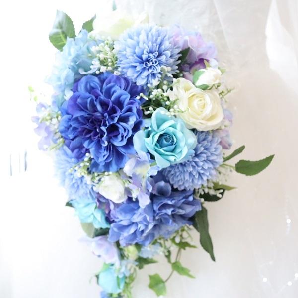 アーティフィシャルフラワー　ブルー　パープル　前撮り　ウェディング　結婚式 ロイヤルブルーのキャスケードブーケ 結婚式 ウェディング 前撮り