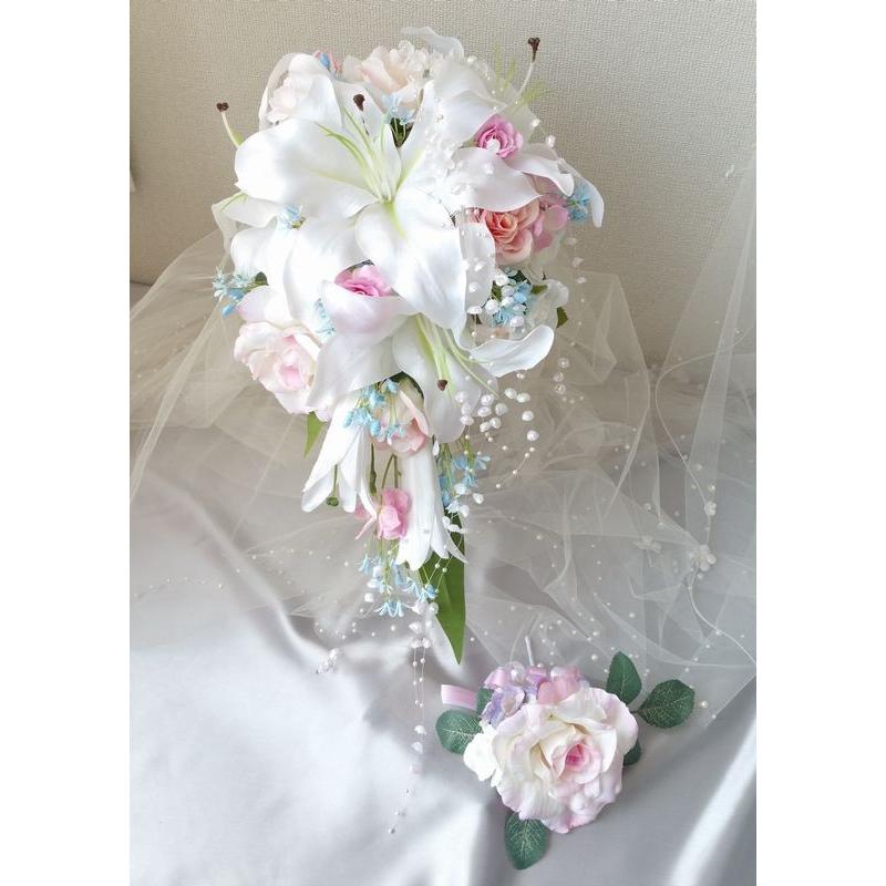 アートフラワーブーケカサブランカとブートニア 豪華カサブランカブーケ ブトニアセットブライダル アート