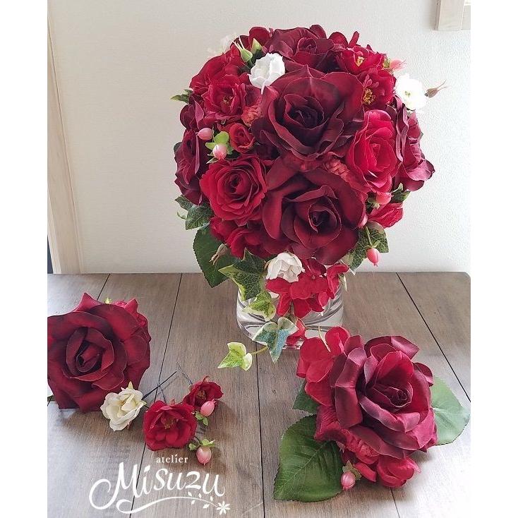 大人婚 シック レッド キャスケード ローズブーケ・ブートニア・ヘア