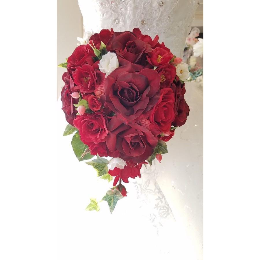 大人婚 シック レッド キャスケード ローズブーケ・ブートニア・ヘア