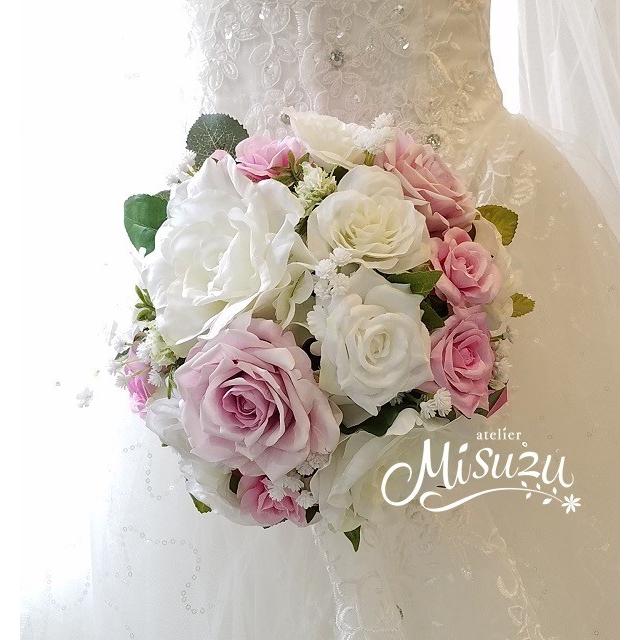 ブーケ・ブートニア・ヘアパーツの３セット ラウンド ホワイト カスミソウ バラ 前撮り 大人婚