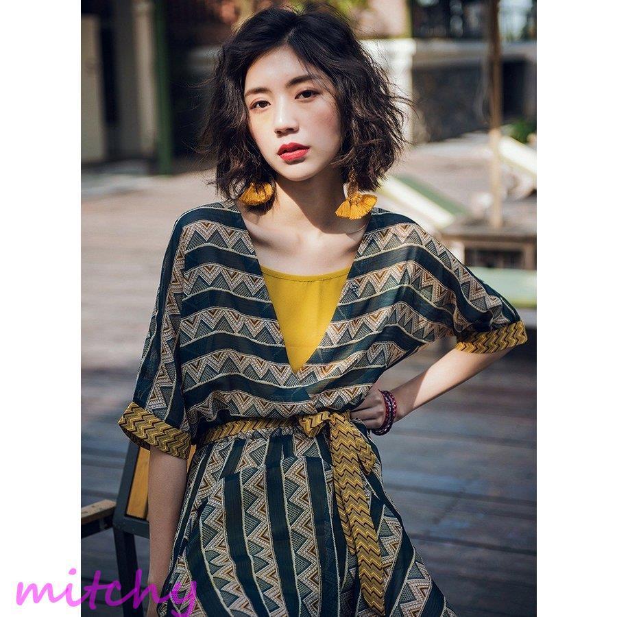 日本正規品 夏着 ワンピース 韓国 夏 リゾートワンピ 海 シフォンワンピ ボヘミア風 ワンピース サイズ M Shows Pk