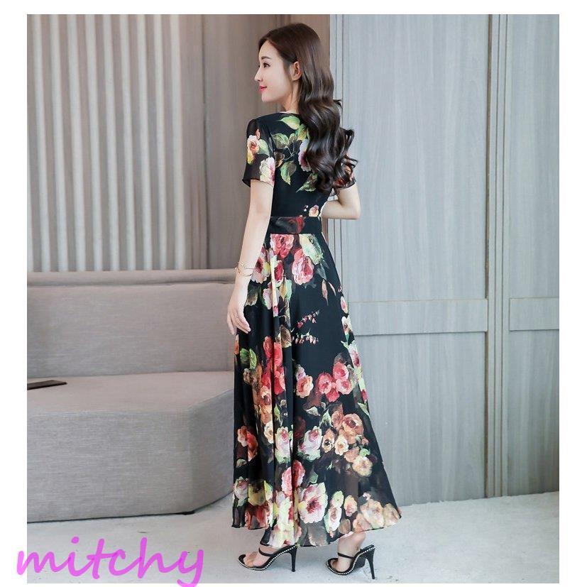 ロングワンピース レディース 40代 きれいめ シフォンワンピース 花柄 Aラインワンピース ボヘミアン リゾートワンピース 体型カバー 夏ワンピース 着痩せ