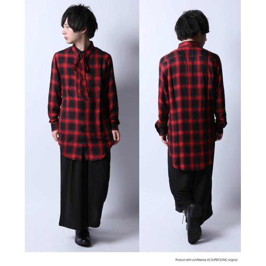 シャツ メンズ ロング丈 リボンシャツ オンブレチェック 長袖シャツ レイヤーコーデ モード系 V系 レッド ブルー 日本製 As Super Sonic A As Super Sonic Mitezza 通販 Yahoo ショッピング