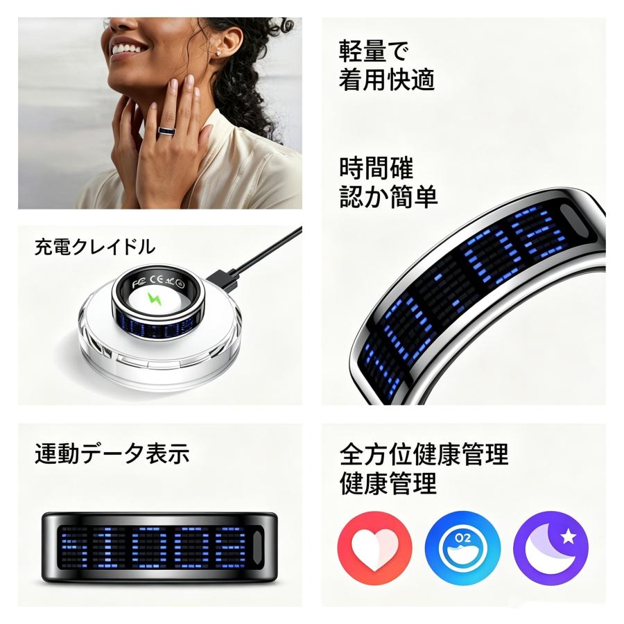 【ディスプレイ表示機能】スマートリング 健康管理 日本製センサー心拍数 血中酸素 睡眠 実用的 IP68M防水 Android/iPhone対応 全7サイズ プレゼント 敬老の日 |  | 04