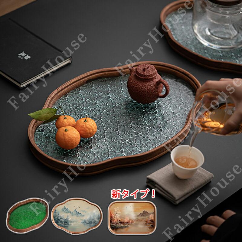 花海棠柄 トレー フローラガラス レトロ調 天然木製 配膳トレー トレイ ガラス 盛器 竹製 雲型 楕円 お皿 小皿 豆皿 プレート 木 カフェトレー ガラス ティート |  | 04
