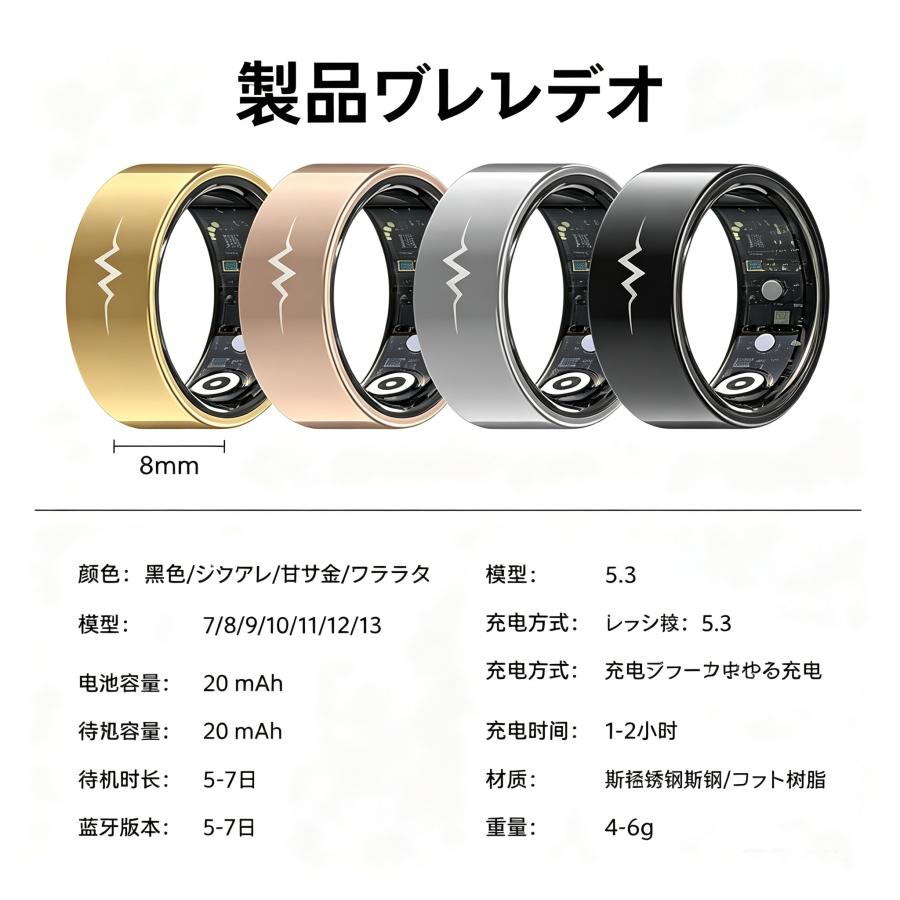【充電タンク付き】スマートリング 健康管理 日本製センサー心拍数 心電 睡眠 体温  血圧 血糖測定 IP68M防水 Android/iPhone対応 全7サイズ プレゼント |  | 18