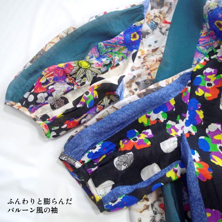 ScoLar（スカラー） パッチワーク風ワンピース 総柄 花柄 ネコ ドット