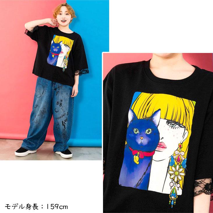 【scolar】スカラーちゃん×ネコレーシング風BZ ScoLar（スカラー） レース切替Tシャツ ネコと女の子の自撮り柄