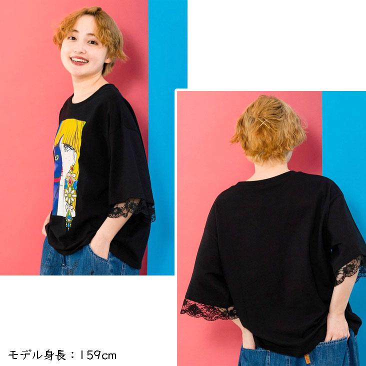 ScoLar（スカラー） レース切替Tシャツ ネコと女の子の自撮り柄