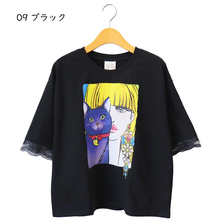 ScoLar（スカラー） レース切替Tシャツ ネコと女の子の自撮り柄