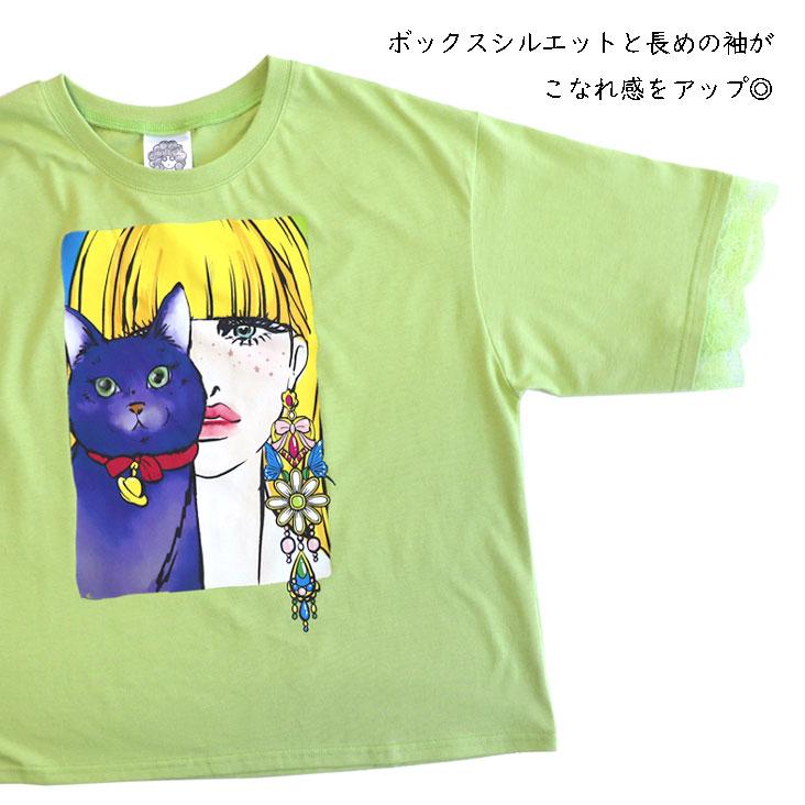 ScoLar（スカラー） レース切替Tシャツ ネコと女の子の自撮り柄