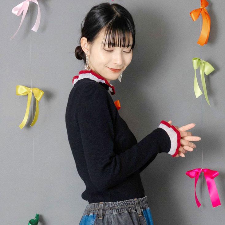 ScoLar スカラー シアー×ニット 切替トップス ひらひら フリル 華やか かわいい 長袖 女性 レディース おしゃれ 個性的 上品 トップス インナー シンプル 秋冬 | ScoLar | 05