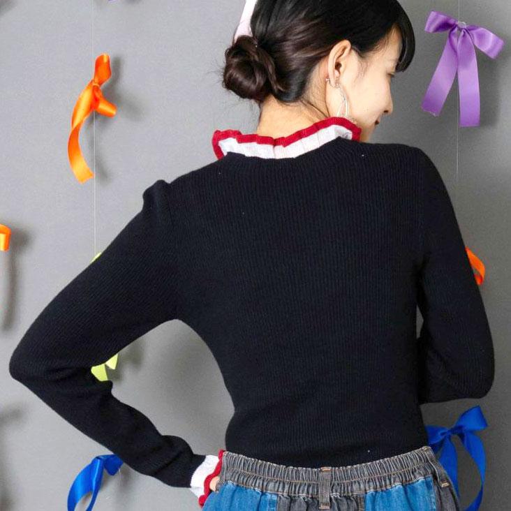 ScoLar スカラー シアー×ニット 切替トップス ひらひら フリル 華やか かわいい 長袖 女性 レディース おしゃれ 個性的 上品 トップス インナー シンプル 秋冬 | ScoLar | 09