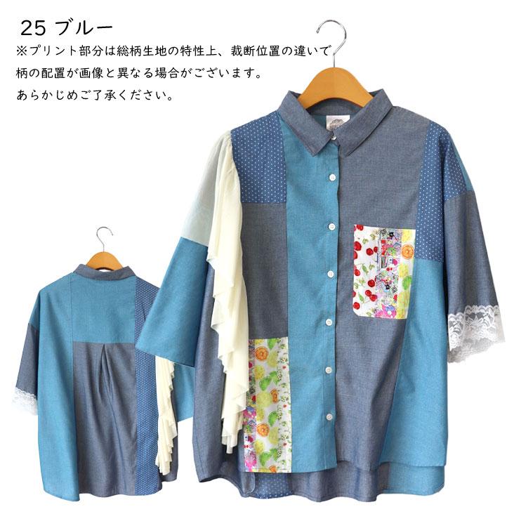 ScoLar（スカラー） デニム×水玉×チュール×総柄 パッチワーク風シャツ 