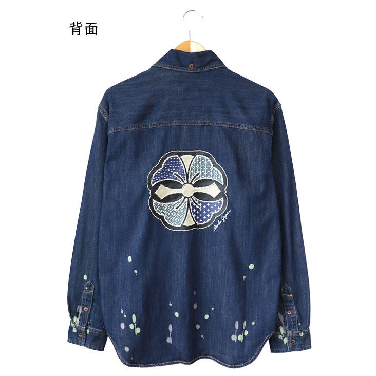 ★直営購入EVISU家紋総柄 ストレートデニム日本製 美品★ EVISU（エヴィス） 刺し子家紋 デニムシャツ 長袖 リラックスフィット