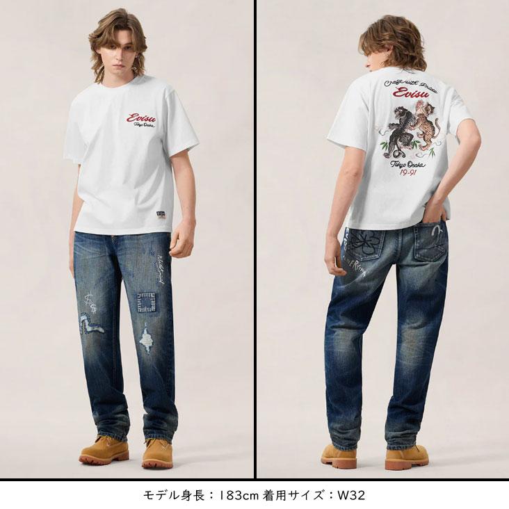 EVISU エヴィス レギュラーフィット ジーンズ 手描きプリント #2020 ボタンフライ ダメージ パッチワーク かっこいい トレンド ズボン 個性的 芸術的 赤耳の画像