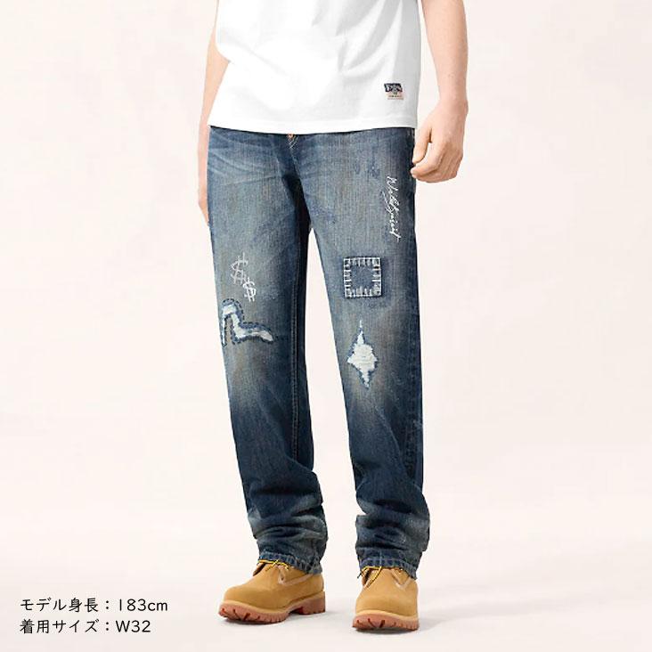 EVISU エヴィス レギュラーフィット ジーンズ 手描きプリント #2020 ボタンフライ ダメージ パッチワーク かっこいい トレンド ズボン 個性的 芸術的 赤耳の画像