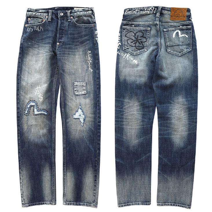 EVISU エヴィス レギュラーフィット ジーンズ 手描きプリント #2020 ボタンフライ ダメージ パッチワーク かっこいい トレンド ズボン 個性的 芸術的 赤耳の画像