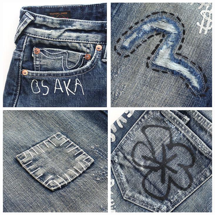 EVISU エヴィス レギュラーフィット ジーンズ 手描きプリント #2020 ボタンフライ ダメージ パッチワーク かっこいい トレンド ズボン 個性的 芸術的 赤耳の画像