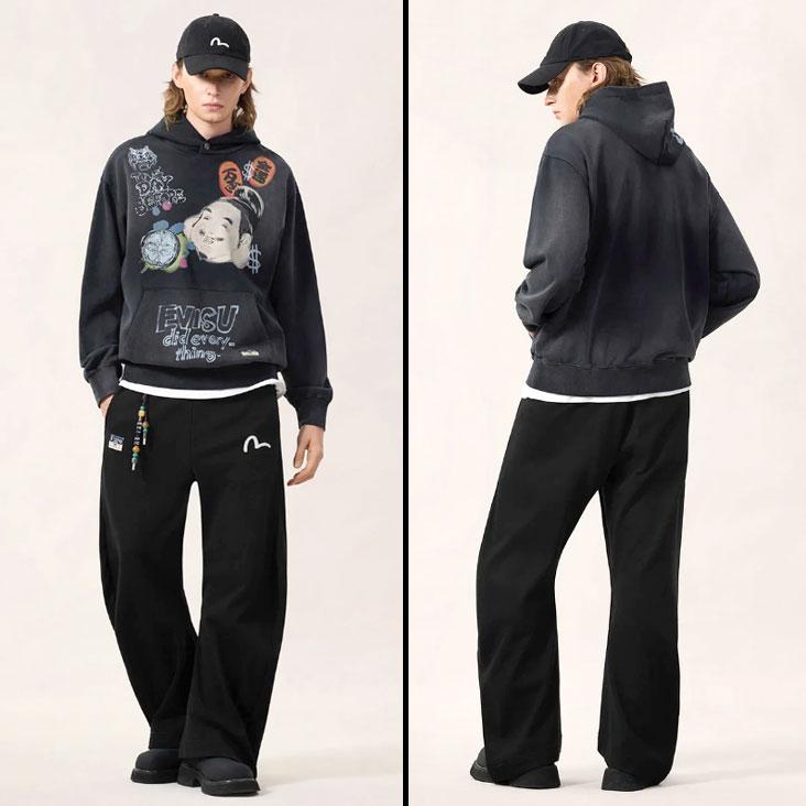 む*ー様 EVISU エヴィス ジップパーカー 黒 カモメ刺繍 フードロゴ Y2 EVISU（エヴィス） フーディ 仏頭プリント 恵比寿プリント パーカー