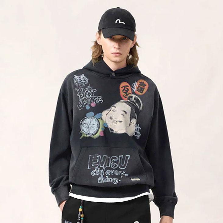 【希少】EVISU ジップアップパーカー　家紋　南無阿弥陀仏　黒　金 EVISU（エヴィス） フーディ 仏頭プリント 恵比寿プリント パーカー