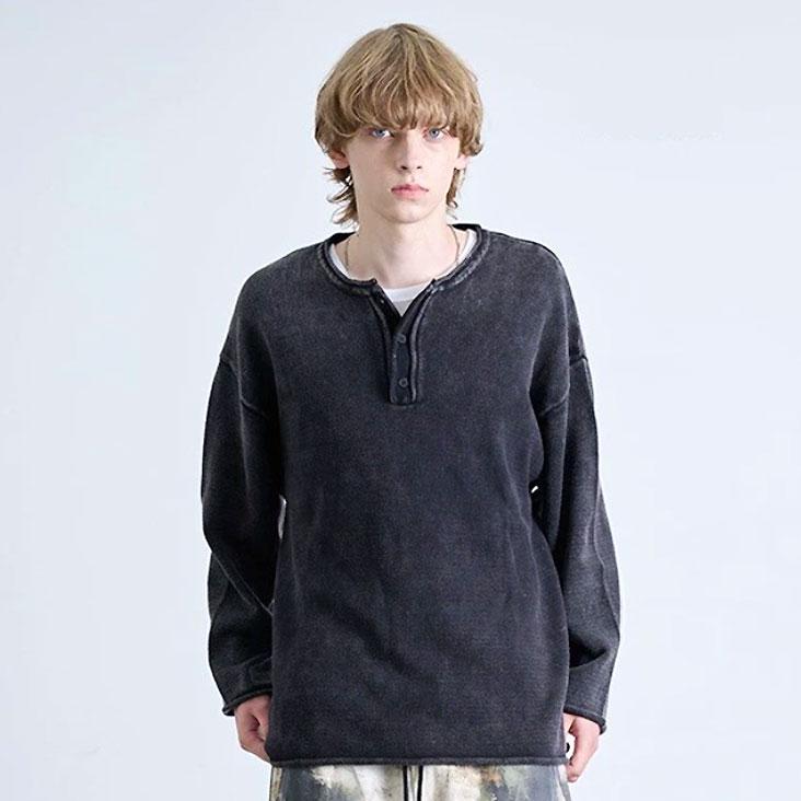 Revo. レヴォ ピグメント加工コットンニット ヘンリーネック クルーネックニット スプリングニット ヴィンテージ感 かっこいい ルーズ 長袖 メンズ レディース | Revo. | 04