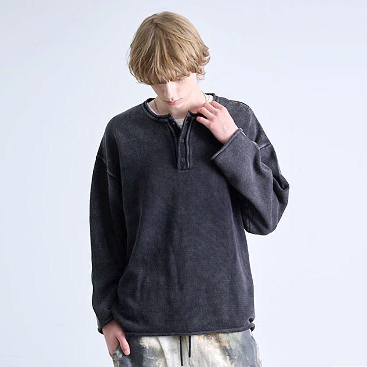 Revo. レヴォ ピグメント加工コットンニット ヘンリーネック クルーネックニット スプリングニット ヴィンテージ感 かっこいい ルーズ 長袖 メンズ レディース | Revo. | 05