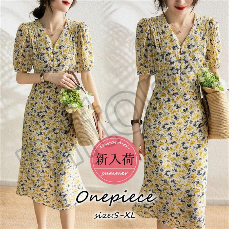 新品登場 ワンピースレディース 40代 きれいめ 膝丈ワンピース 春夏新作 半袖ワンピース 花柄パフスリーブ シフォンフレアスカート オシャレ韓国風 Babylonrooftop Com Au