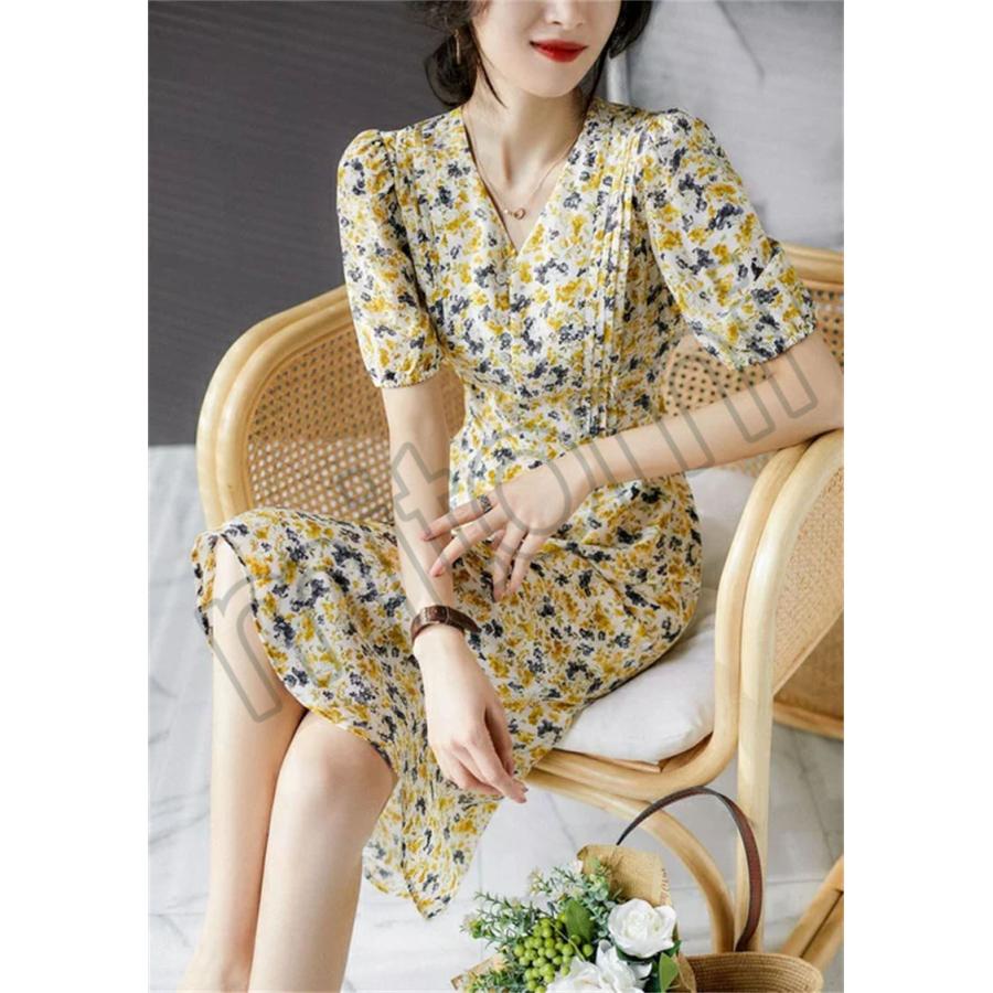 新品登場 ワンピースレディース 40代 きれいめ 膝丈ワンピース 春夏新作 半袖ワンピース 花柄パフスリーブ シフォンフレアスカート オシャレ韓国風 Babylonrooftop Com Au