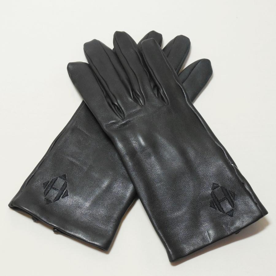 HERMES エルメス レディース手袋 グローブ イニシャル H ブラック ラム  