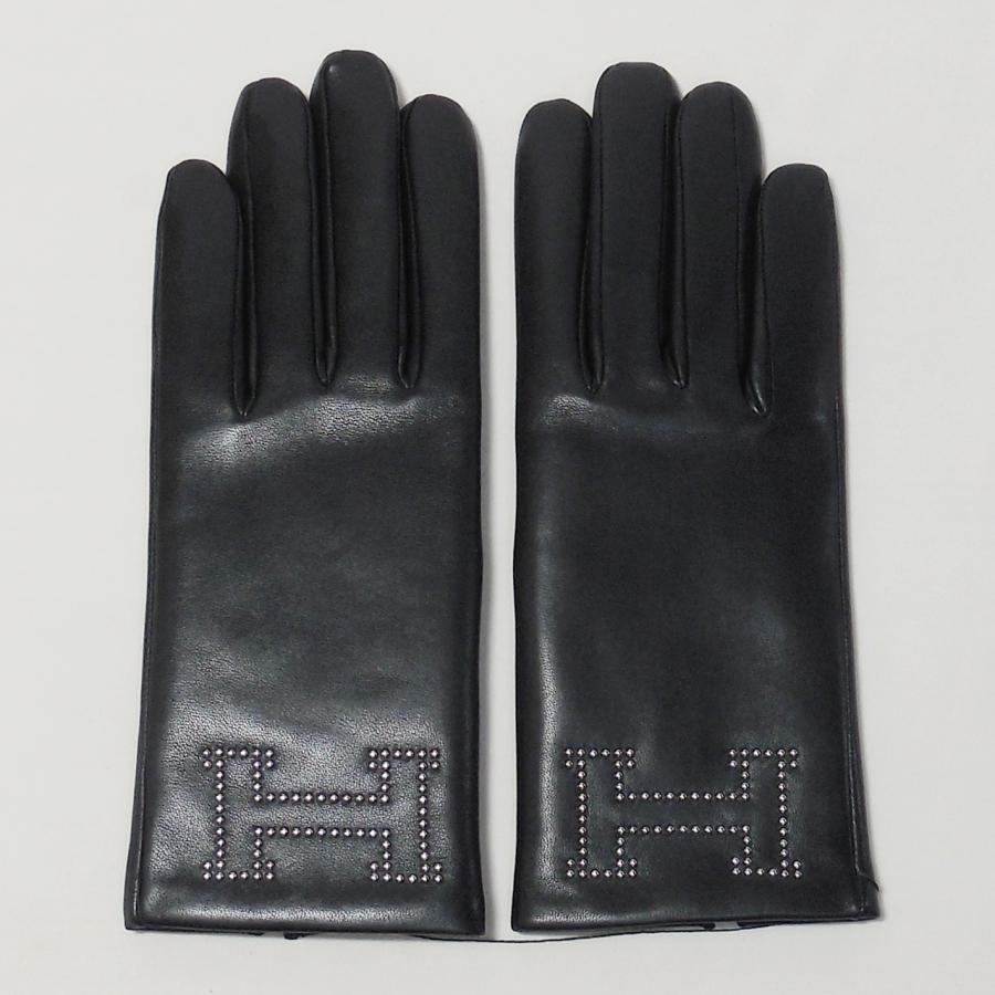 HERMES エルメス レディス手袋 バスティーユ メタリック ブラック