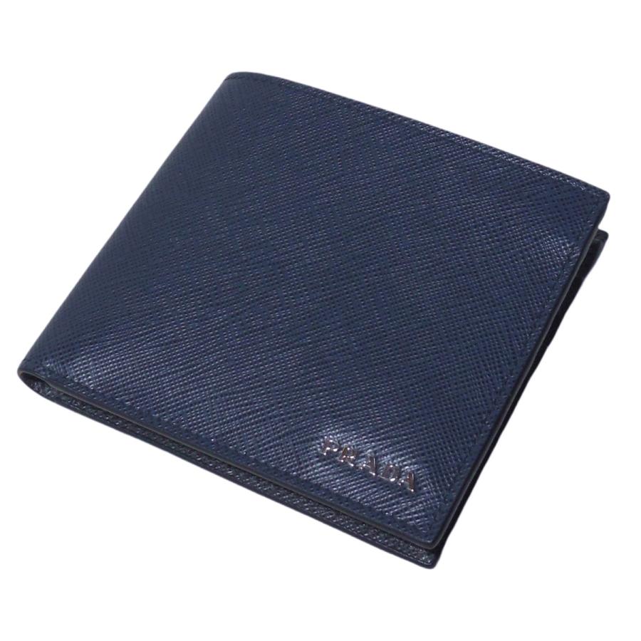 PRADA（プラダ） メンズ二つ折り財布 ネイビーブルー＋グレー