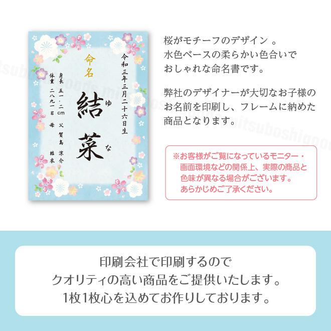 命名書 桜 ブルー 命名紙 額付き A4 お七夜 出産祝い オーダー ベビー