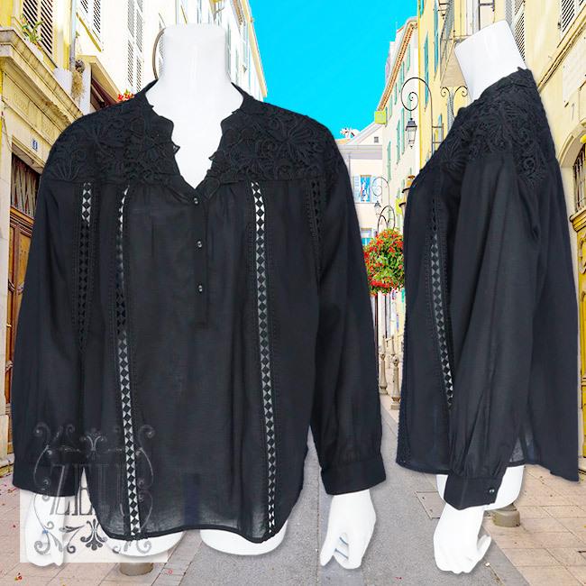 安いそれに目立つ ブラウス Z 黒 ブラウス Zelu ゼル 縦レース飾り レース花 ゼル レディース シャツ ブラウス