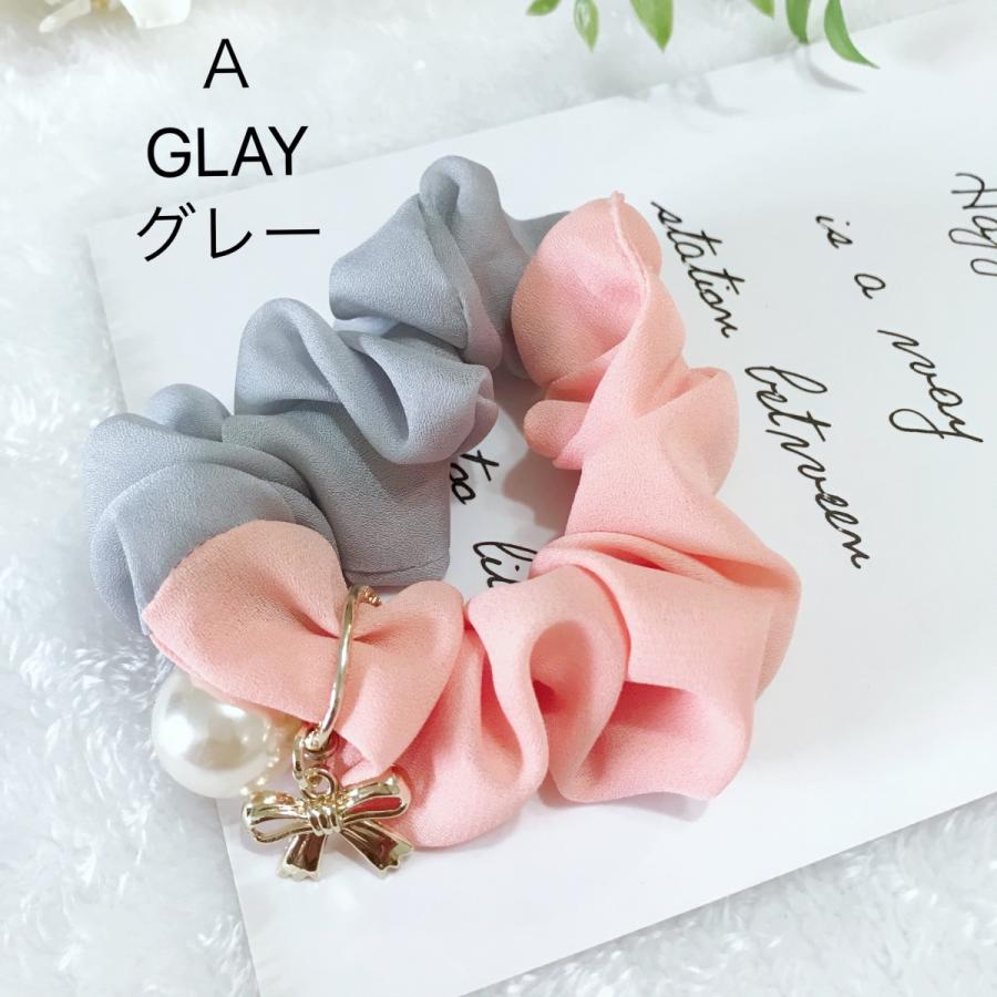 シュシュ  ヘアゴム  モヘアピンク/チャーム シュシュ ヘアゴム ヘアアクセサリー パールリボンのチャーム