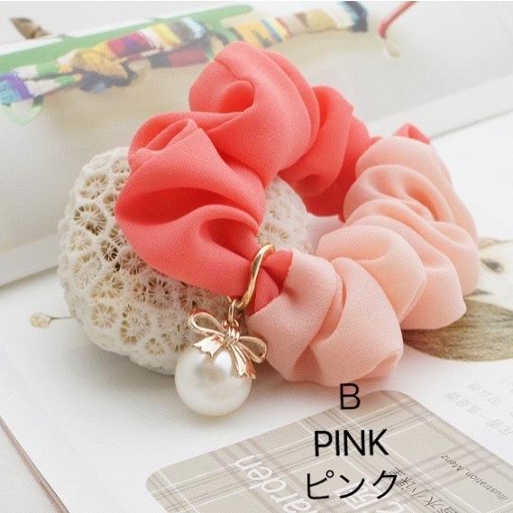 シュシュ  ヘアゴム  モヘアピンク/チャーム シュシュ フラワー 花 柄 カラー 2個セット ヘアゴム ヘアポニー