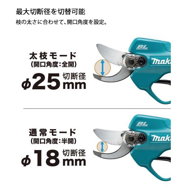 マキタ makita 10.8V 充電式せん定ハサミ バッテリー・充電器付き UP100DSAX 剪定バサミ 電動 鋏 バッテリー式 枝切り 枝 BL1020B×2本 DC10SA 純正｜mitsuyoshi｜07