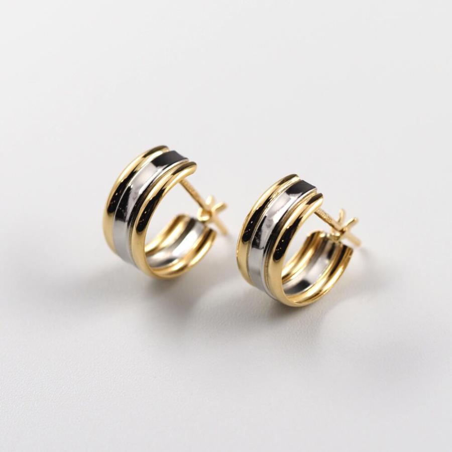 ピアス 金 K18 18金 18k PT pt フープピアス ゴールドピアス  ゴールド プラチナ 地金 コンビ 2色 シンプル 平行 ボリューム  小ぶり キャッチレス 遮断の画像