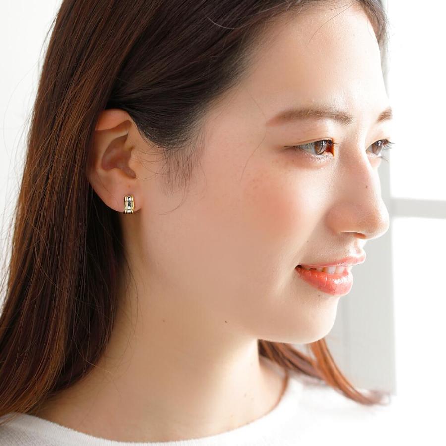 ピアス 金 K18 18金 18k PT pt フープピアス ゴールドピアス  ゴールド プラチナ 地金 コンビ 2色 シンプル 平行 ボリューム  小ぶり キャッチレス 遮断の画像