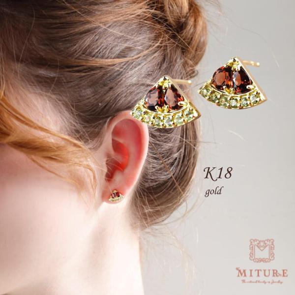 ピアス 18金 ガーネット ガーネ ペリドット カラーストーン ピアス スイカ 西瓜 果物 フルーツ 18k カラフル 可愛い かわいい | 
