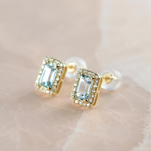アクアマリン ピアス 18金 k18 ダイヤダイヤ取り巻き 18k 角 3月誕生石 カラーストーン シンプル |  | 01