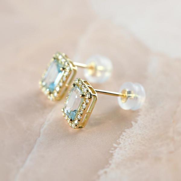 アクアマリン ピアス 18金 k18 ダイヤダイヤ取り巻き 18k 角 3月誕生石 カラーストーン シンプル |  | 02