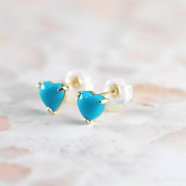 トルコ石 ターコイズ ピアス 金 K18 18金 18k ハート 普段使い 可愛い キャッチレス おしゃれ 金属アレルギーの画像
