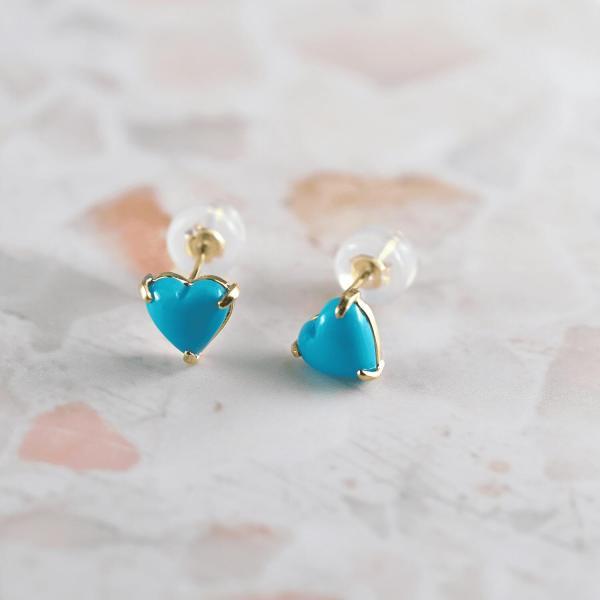 トルコ石 ターコイズ ピアス 金 K18 18金 18k ハート 普段使い 可愛い キャッチレス おしゃれ 金属アレルギーの画像